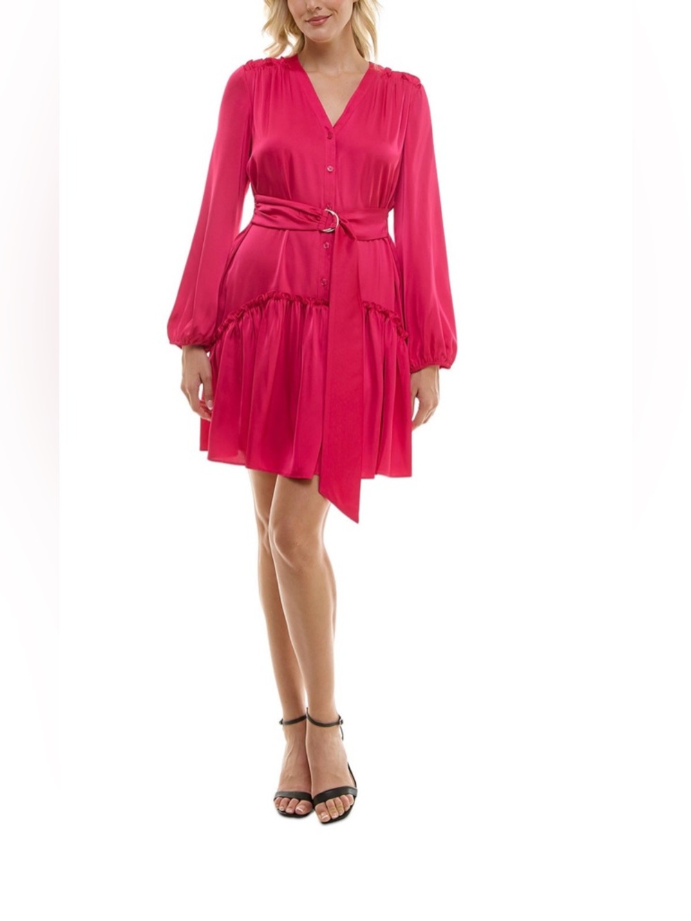 Taylor Hot Pink V-Neck Long Sleeve Mini Dress